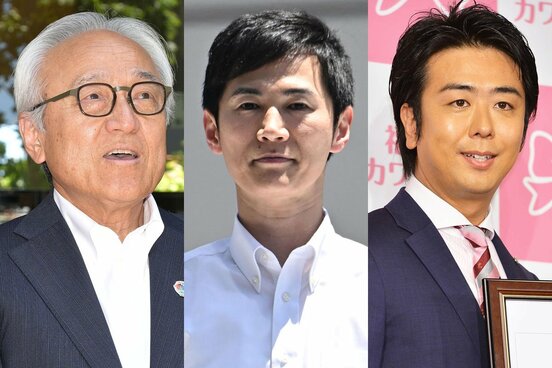 福岡県の蔵内勇夫議長(左)、石丸伸二氏(中)、福岡市の高島宗一郎市長