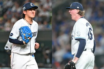 西武の先発左腕・隅田知一郎(左)と、中継ぎ右腕ウィンゲンター