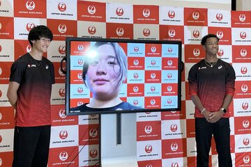 陸上・世界選手権に出場するJALアスリート社員（左から鵜沢飛羽、北口榛花、村竹ラシッド