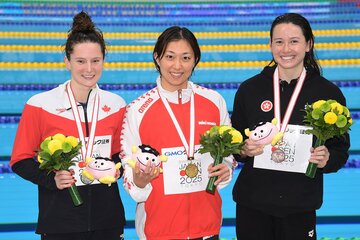 左から２着のソフィー・アンガス、１着の鈴木聡美、３着のシボーン・ホーヒー
