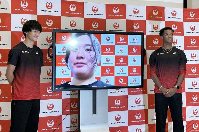 陸上・世界選手権に出場するJALアスリート社員（左から鵜沢飛羽、北口榛花、村竹ラシッド