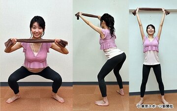  （左から）ますはこの体勢で４秒キープ→ゆっくり上に上げて→ウオー！と叫びたくなりますが、勢いはつけすぎないようにしてください