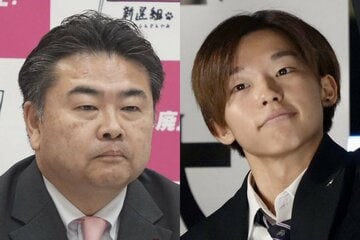れいわ新選組の高井崇志副幹事長(左)と篠原一騎氏