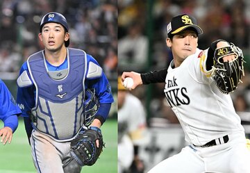 山本祐大捕手（左）と尾形崇斗投手