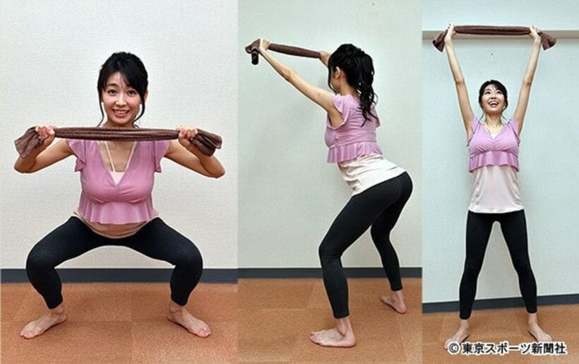  （左から）ますはこの体勢で４秒キープ→ゆっくり上に上げて→ウオー！と叫びたくなりますが、勢いはつけすぎないようにしてください