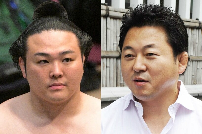 十両復帰の炎鵬(左)と、元小結・舞の海秀平氏
