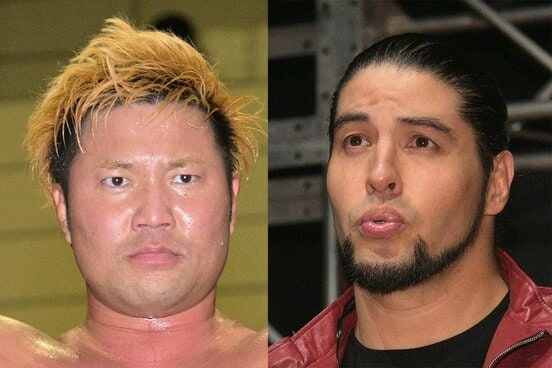 ３冠ヘビー級王者・宮原健斗（左）と挑戦者・斉藤ジュン