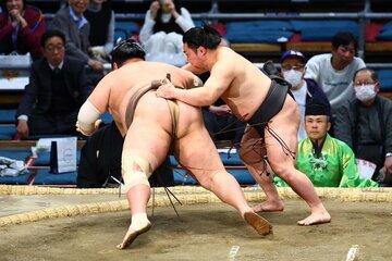 荒篤山を突き落としで破った炎鵬（右）