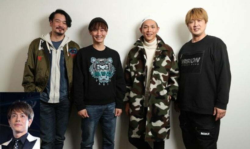  本紙にいろいろ明かした（左から）小田井涼平、後上翔太、白川裕二郎、酒井一圭。顔写真は友井雄亮