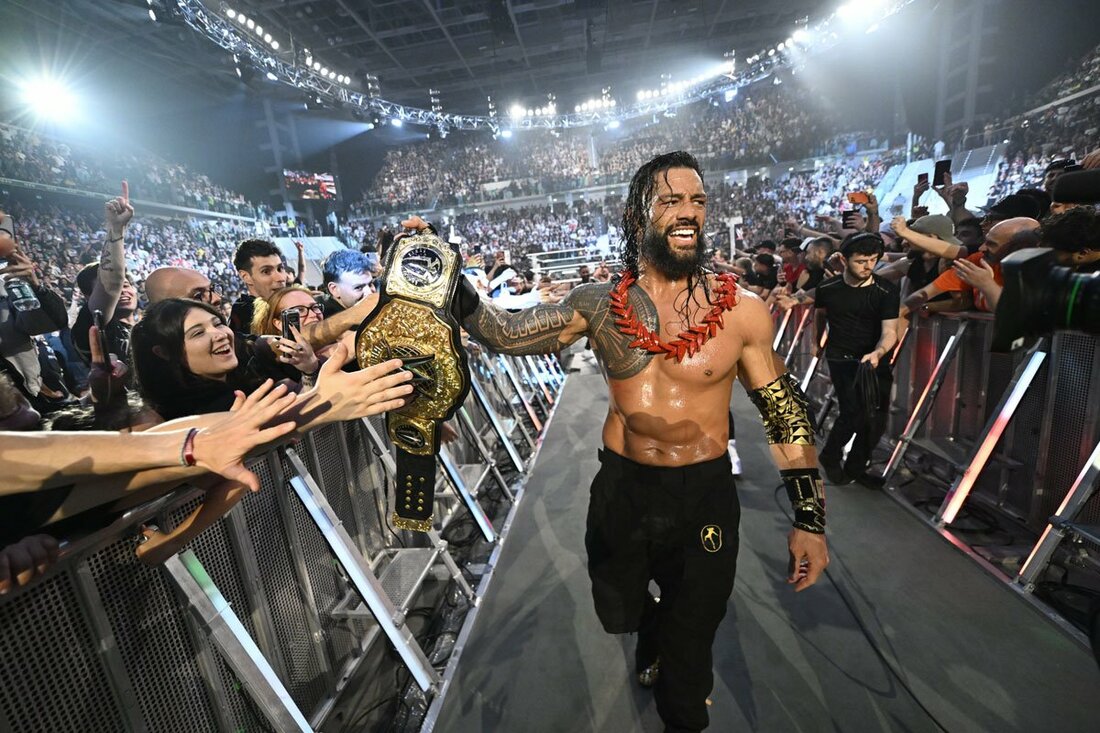 ベルトとウラファラを守り抜いたローマン・レインズ(©WWE)