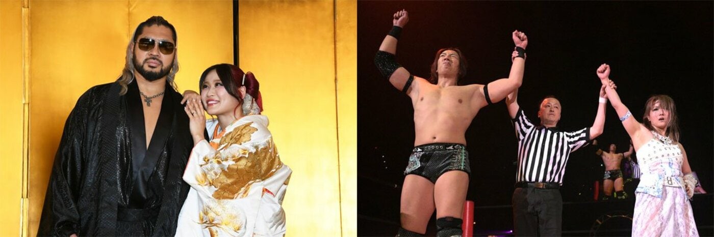 〈左〉WWEのNARAKU、イヨ・スカイ夫妻〈右〉KONOSUKE TAKESHITA、坂崎ユカ夫妻