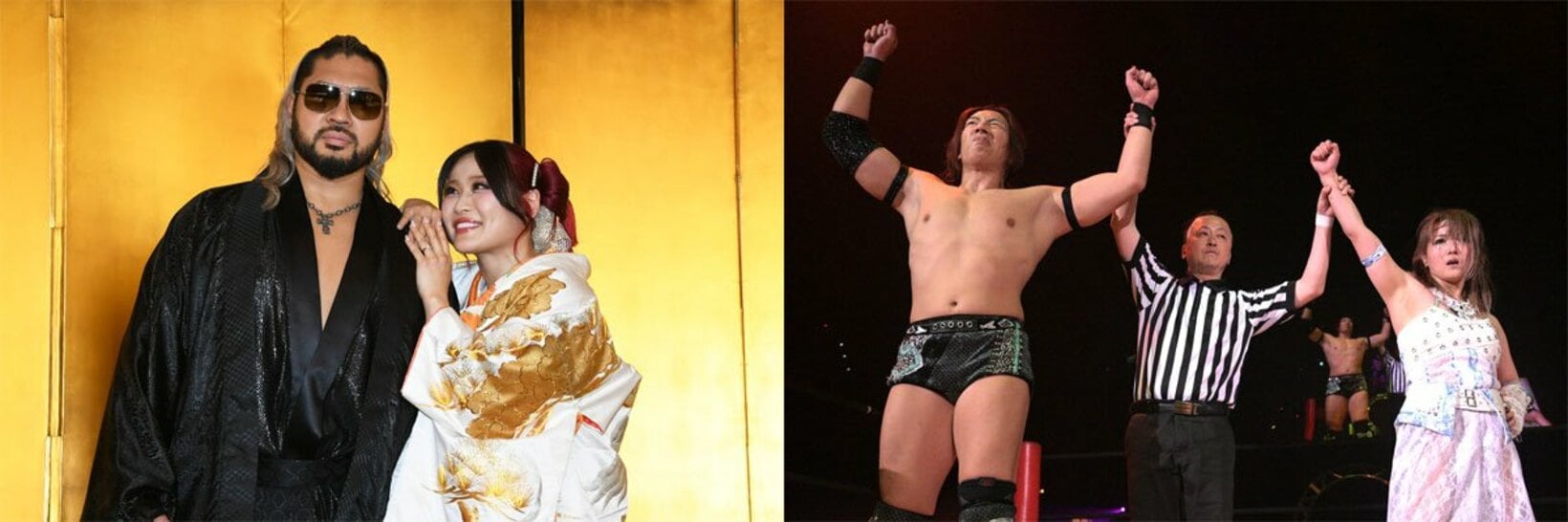 〈左〉WWEのNARAKU、イヨ・スカイ夫妻〈右〉KONOSUKE TAKESHITA、坂崎ユカ夫妻
