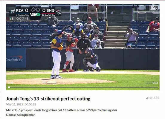 ジョナ・トンの快投を報じたMLB公式サイト(milb.com/binghamton)