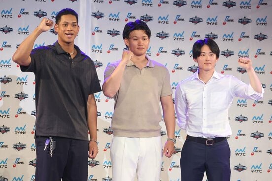 前日会見に登場した日本ハム・万波中正(左)、阪神・森下翔太(中)、巨人・浦田俊輔
