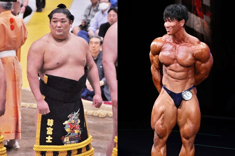 マッチョ力士の代表格の尊富士(左)と、ボディビルの横川尚隆