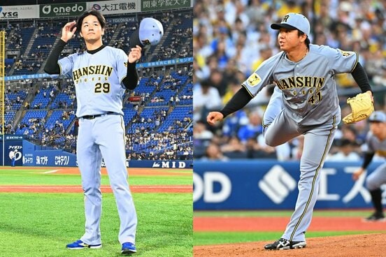 阪神の交流戦後の連勝発進に貢献した高橋遥人(左)と村上頌樹