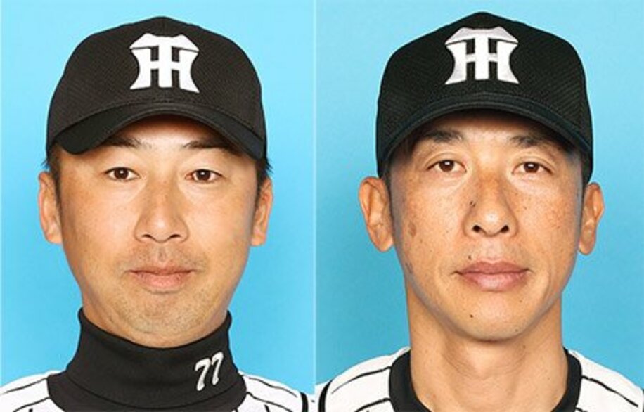  今岡二軍打撃兼野手総合コーチ（左）と矢野作戦兼バッテリーコーチ