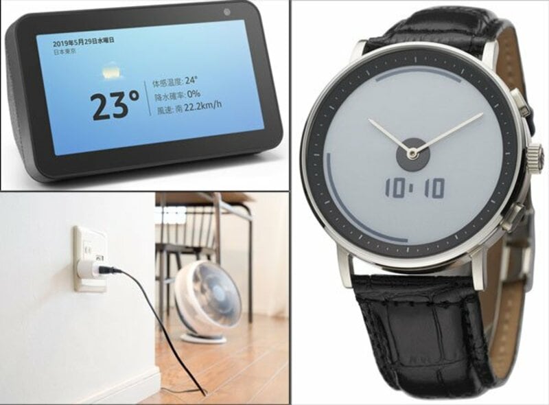  Ａｍａｚｏｎの「Ｅｃｈｏ　Ｓｈｏｗ５」（写真左上）、ＧＬＡＧＯＭの「ＧＬＡＧＯＭ　ＯＮＥ」（写真右）、＋Ｓｔｙｌｅの「スマートＷｉ―Ｆｉプラグ」（写真左下）