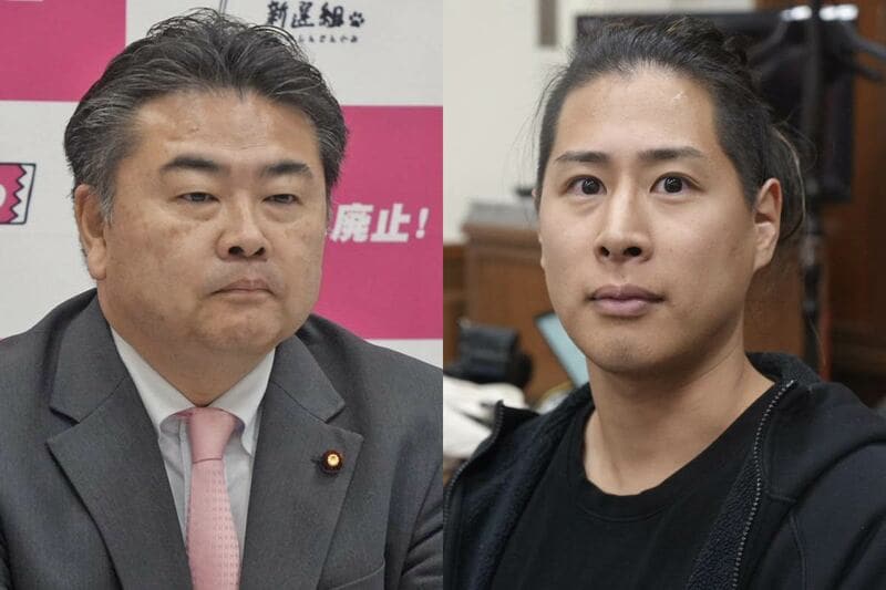 れいわ新選組の高井幹事長（左）と根本良輔氏