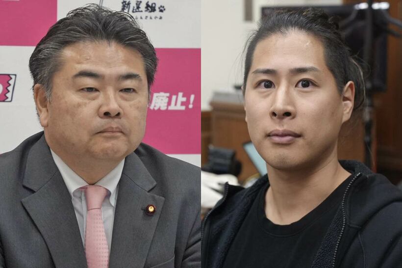 れいわ新選組の高井幹事長（左）と根本良輔氏
