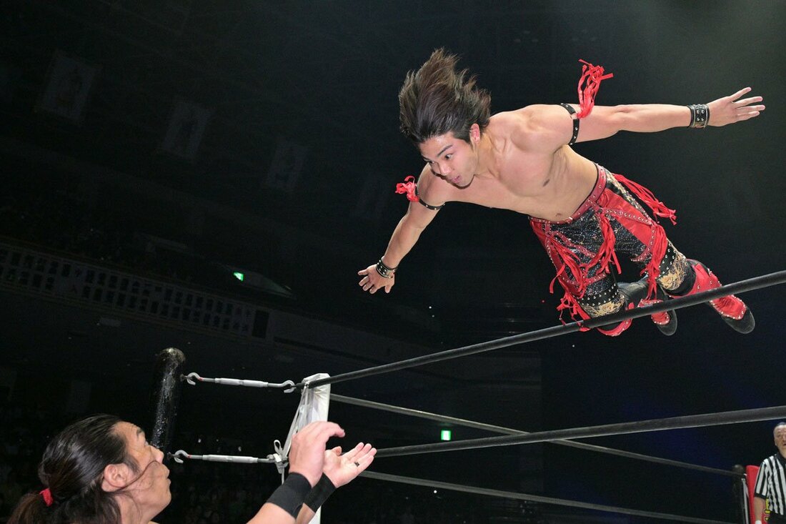 場外の竹下幸之介(左)に捨て身のダイブを敢行した武知海青
