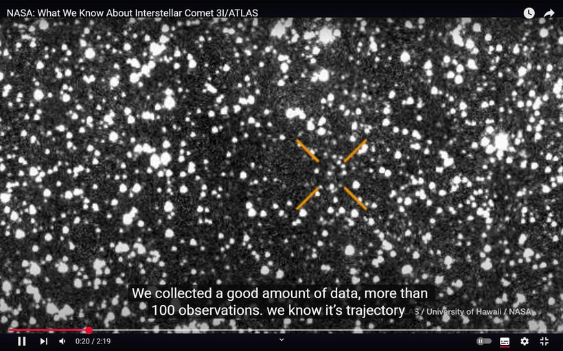 恒星間天体「アトラス」（NASA・ジェット・プロパルション・ラボラトリーのユーチューブチャンネルから）