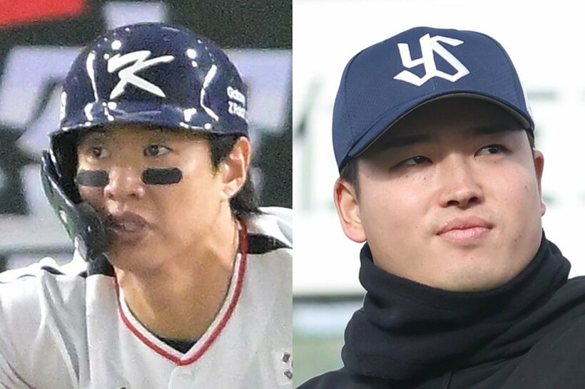 パドレスとの合意が報道された韓国キウムの内野手・ソン・ソンムン(左)と、移籍先未決定のヤクルト・村上宗隆