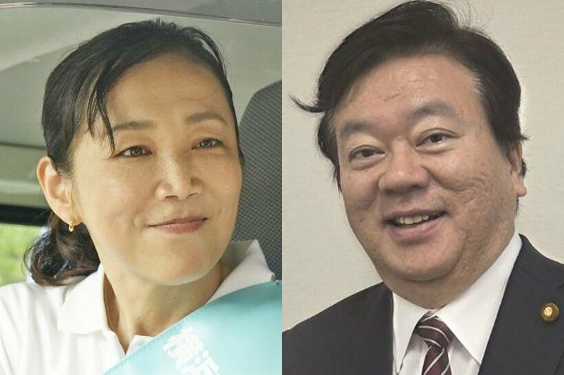 横浜市長に当選した原沢敦美氏(左)と、ＵＦＯ議連の会長補佐・浅川義治氏