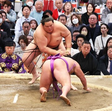 尊富士(手前)をはたき込んだ琴桜