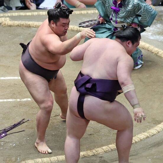 寄り切りで勝った霧島（左）
