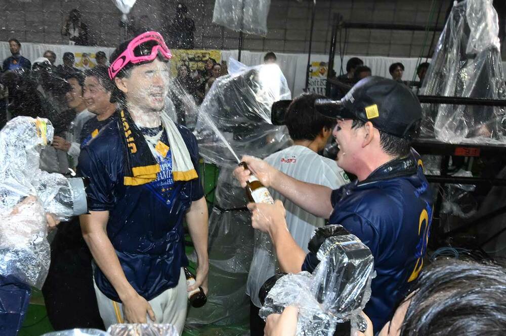 栗原陵矢にビールをかけられる上沢直之