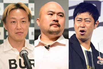 サッカーがうまい芸人を選出した良ちゃん（左はお見送り芸人しんいち、右はパンサー尾形）