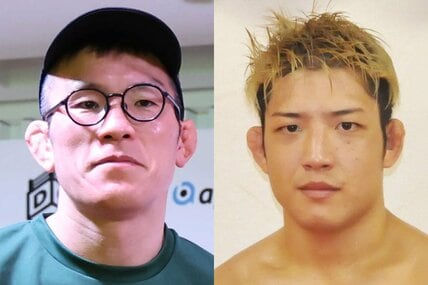 青木真也(左)と「RIZIN LANDMARK 16」のメインを快勝した堀江圭功(右)