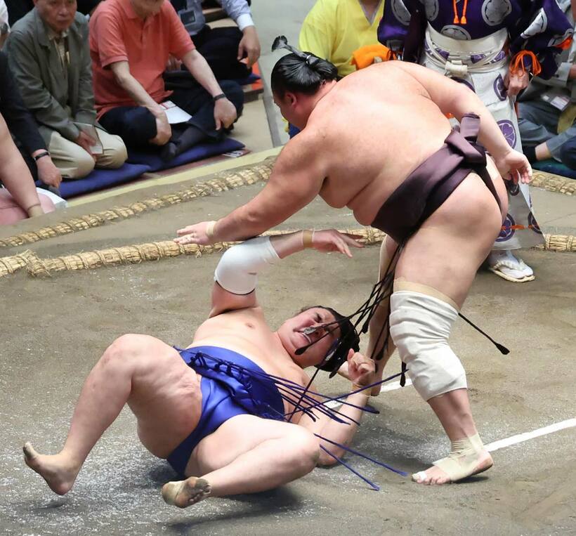 欧勝馬を上手投げで下した朝乃山（右）