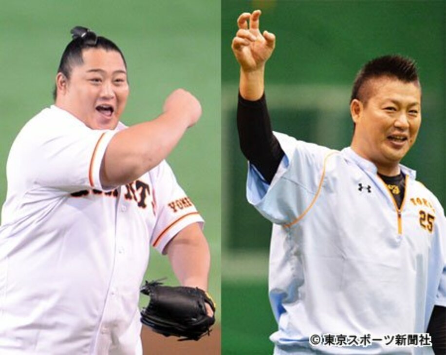 大相撲の遠藤（左）と巨人・村田