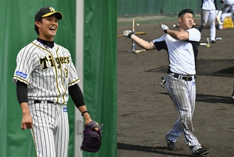  阪神・藤浪(左)と佐藤輝