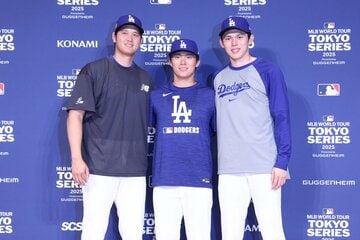 左から大谷翔平、山本由伸。佐々木朗希