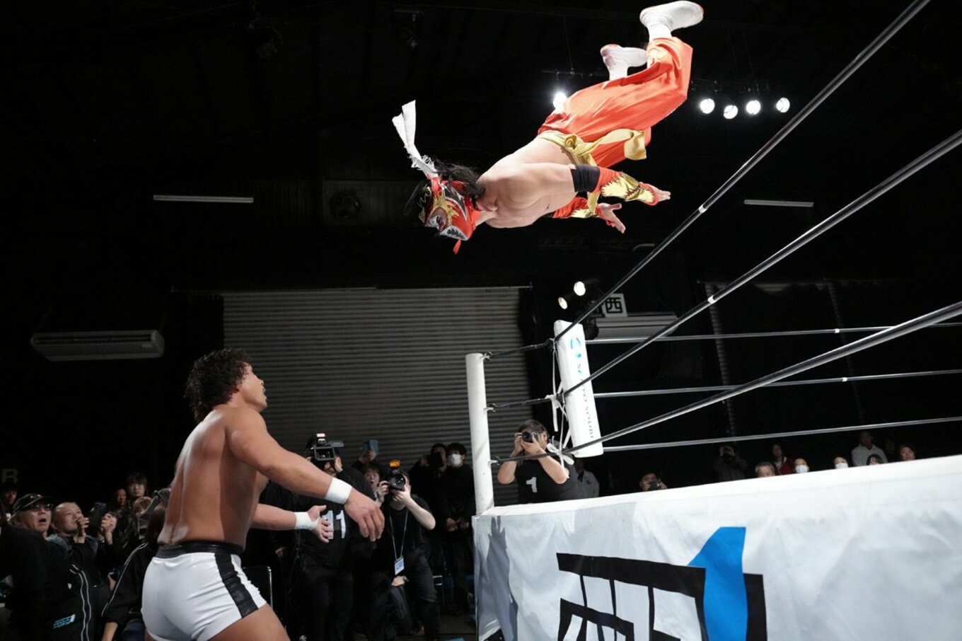 中嶋勝彦（左）にトペ・コンヒーロを放つハヤブサ©プロレスリングZERO１