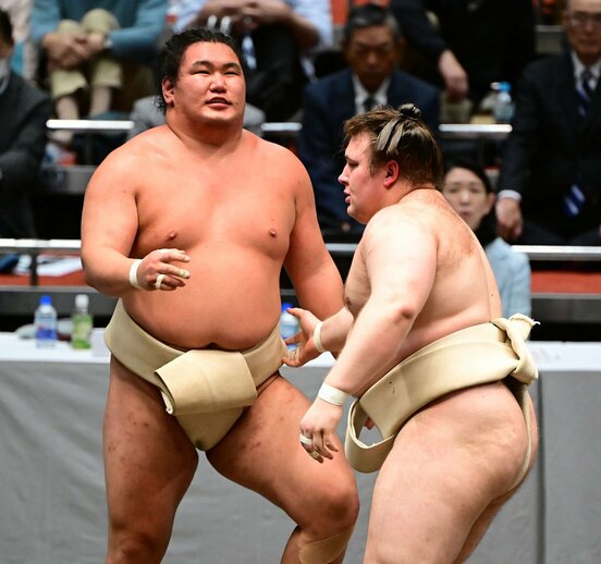 稽古総見で安青錦(右)に胸を貸した豊昇龍