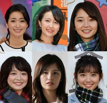  テレ東の美女軍団（上段左から大江麻理子、相内優香、竹崎由佳。下段左から森香澄、池谷実悠、田中瞳）