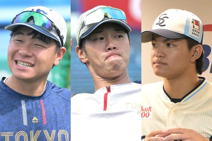 ヤクルトの捕手は３人体制（左から松本、古賀、鈴木）