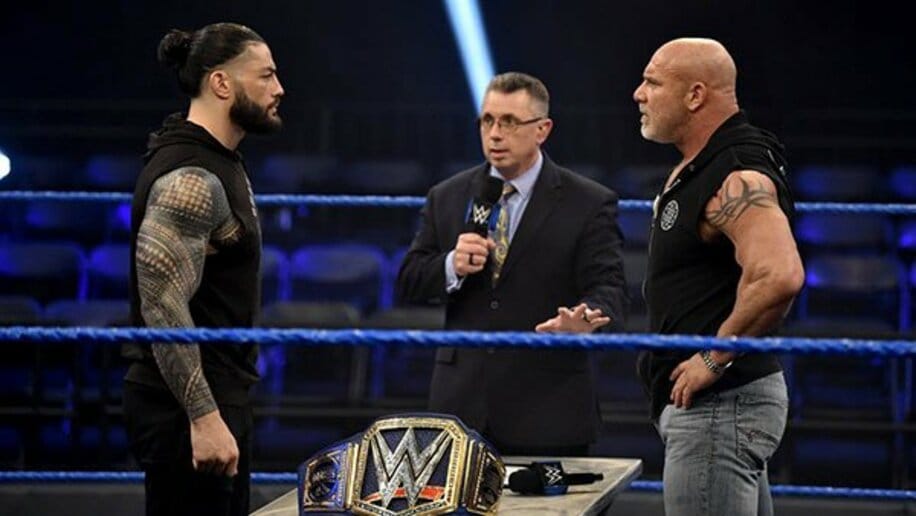  ゴールドバーグはレインズ（左）のユニバーサル王座挑戦を表明した（写真は２月のスマックダウン大会。当時の王者はゴールドバーグ）（Ｃ）2020 WWE, Inc. All Rights Reserved.