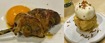  【写真左】鴨月見。焼き鳥はさすがのクオリティー【写真右】半熟卵がのったポテサラ
