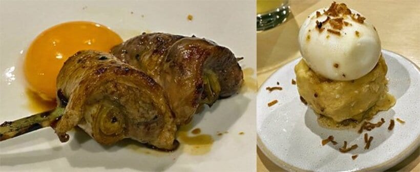  【写真左】鴨月見。焼き鳥はさすがのクオリティー【写真右】半熟卵がのったポテサラ