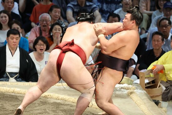 隆の勝（左）に押し出された霧島
