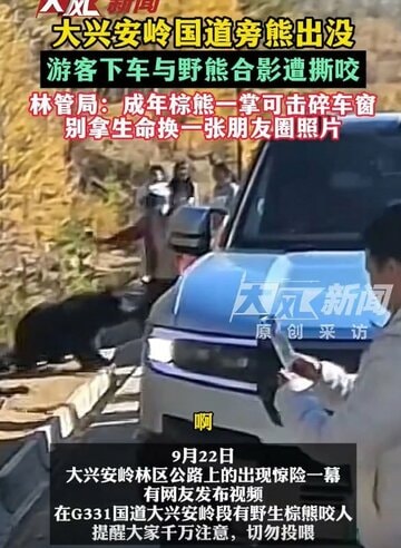 ヒグマが観光客にかみついた（微博から）