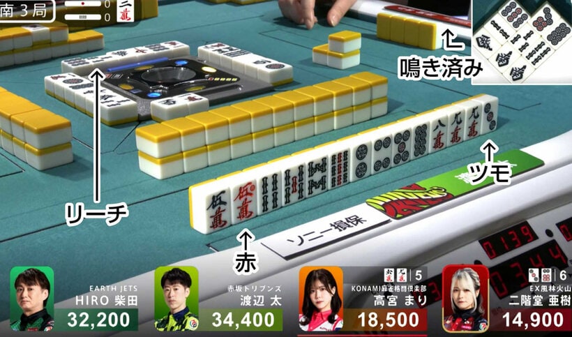 １１月１８日第２試合　南３局０本場　北家・渡辺太の６巡目（３万４４００点・１着目、ドラ＝２萬）