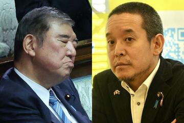 首相指名選挙の結果を待つ石破氏（左）と浜田聡参院議員