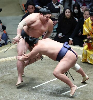 引き落としで大関豊昇龍(右)を下した阿炎