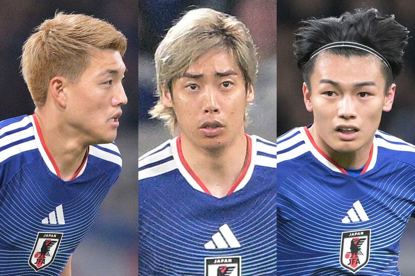 左からＭＦ堂安律、ＭＦ伊東純也、ＦＷ上田綺世